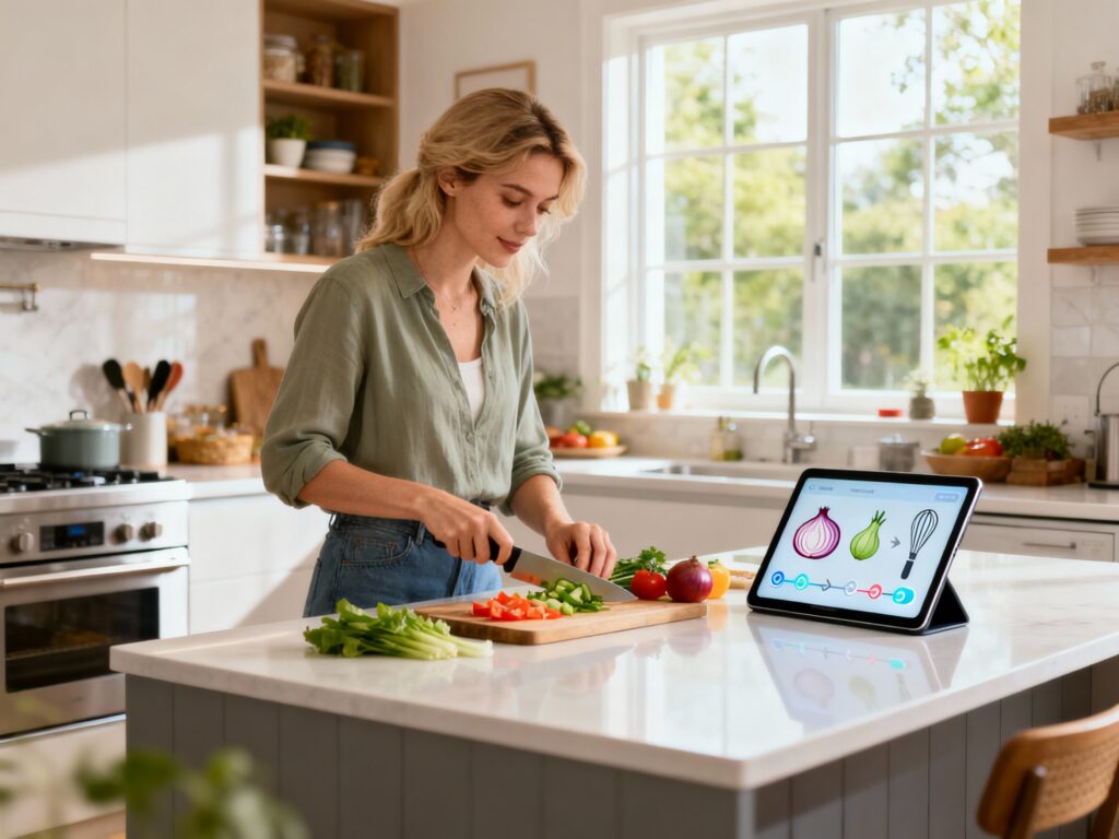 AI w życiu codziennym – kobieta gotująca w kuchni, której w planowaniu posiłku pomaga sztuczna inteligencja na tablecie.