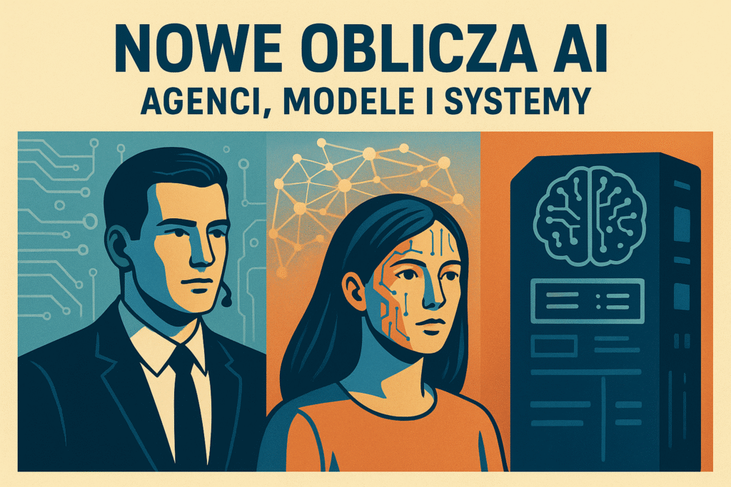 Agenci AI jako jeden z trzech filarów nowej rewolucji AI: interfejs holograficzny pokazujący działanie, widzenie i rozumienie.