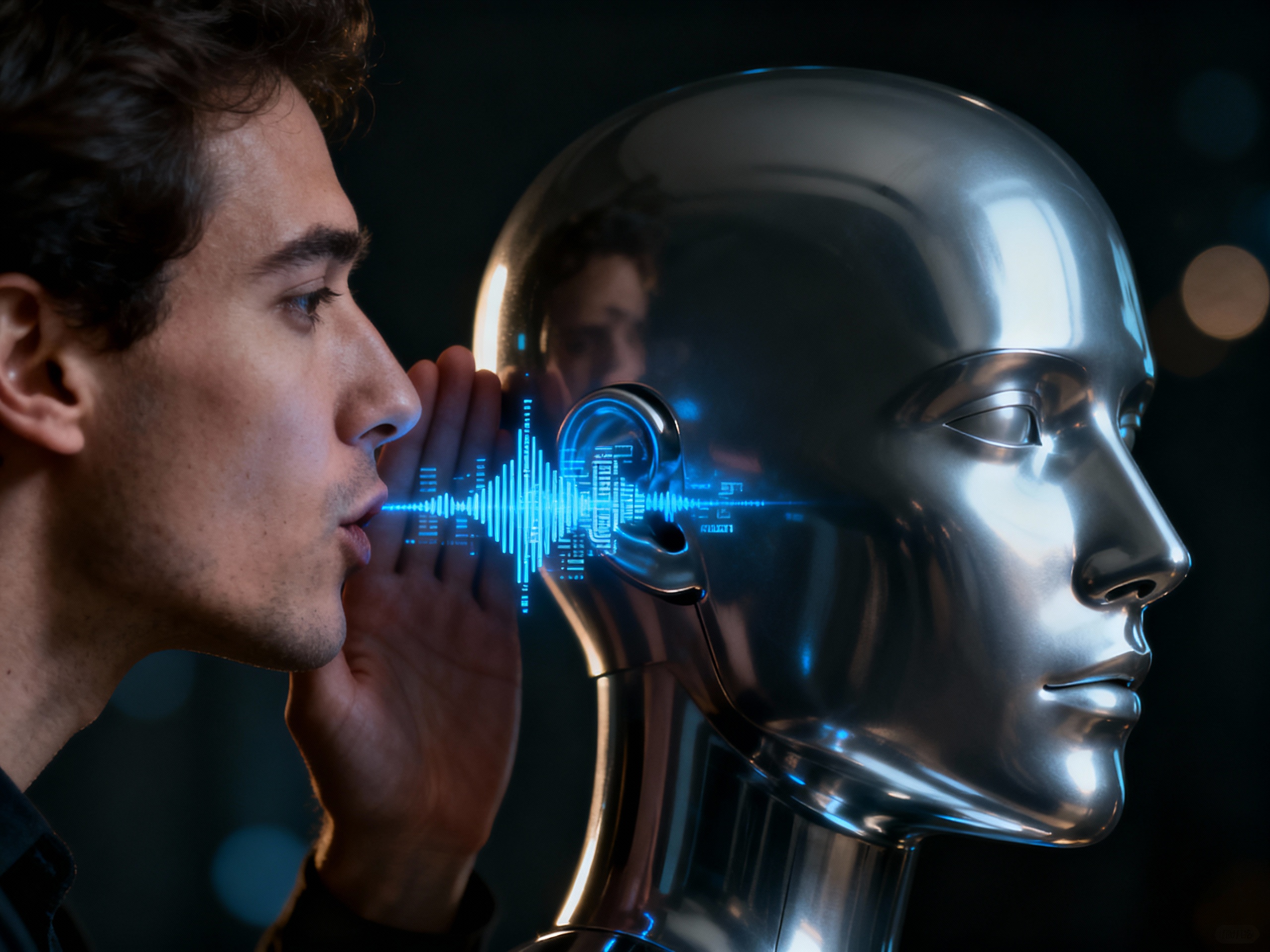 Prompting - człowiek szepczący polecenie do ucha robota AI, symbolizujący psychologiczny wpływ na sztuczną inteligencję.