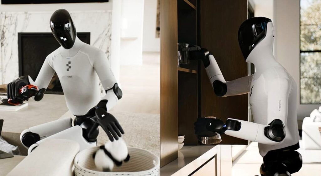 Robot humanoidalny Figure 03 stojący w nowoczesnym otoczeniu, gotowy do pracy w domu i przemyśle.