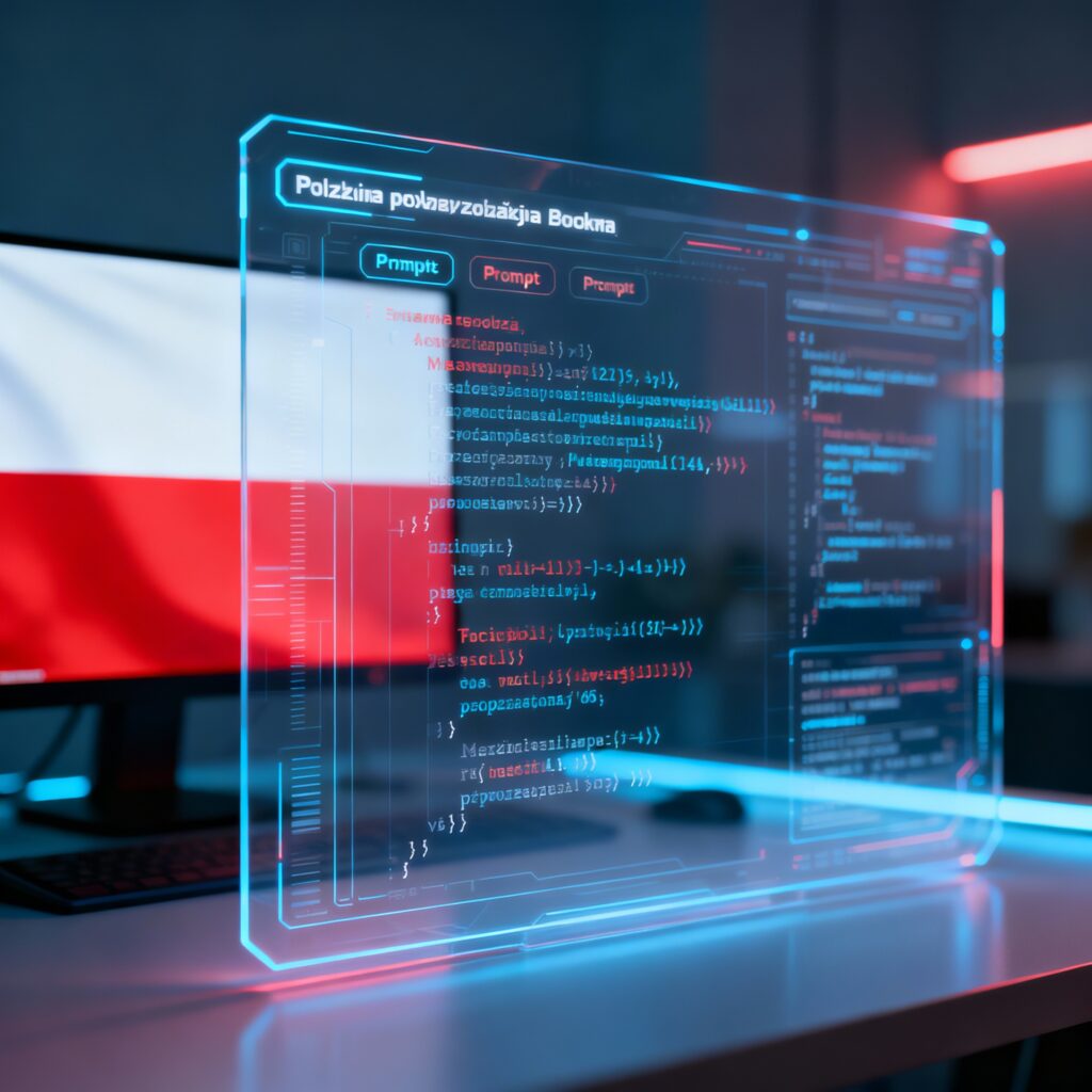 Nowoczesny, futurystyczny interfejs AI wyświetla skomplikowany kod i polskie słowa "Prompt" oraz "Pomppt" na przezroczystym ekranie, podświetlonym niebieskim i czerwonym neonowym światłem. W tle, delikatnie rozmyta, widoczna jest polska flaga, symbolizująca związek technologii z Polską. Obraz sugeruje precyzję i zaawansowanie języka polskiego w świecie sztucznej inteligencji.