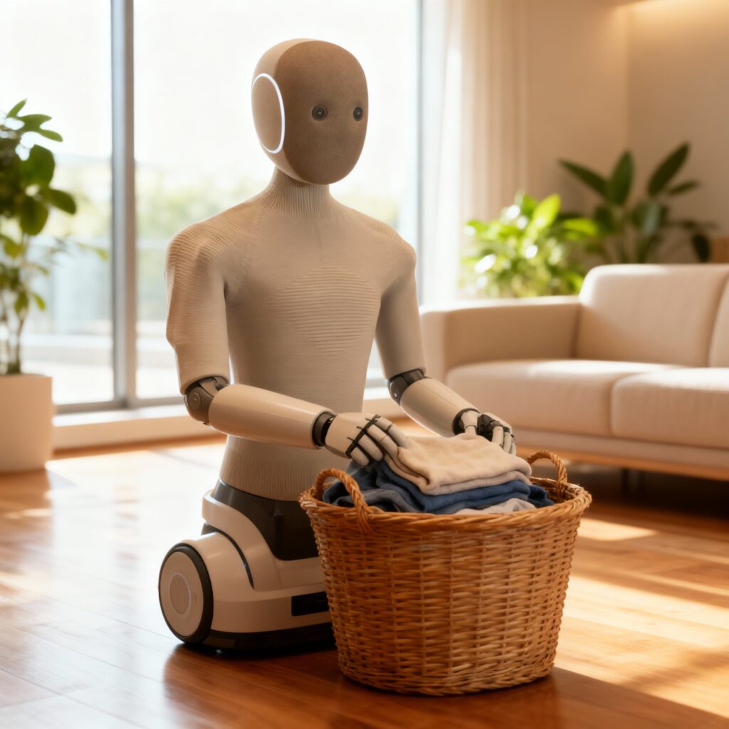 Humanoidalny robot NEO, o smukłej, nowoczesnej sylwetce z miękkiej, białej obudowy, delikatnie wkłada złożone pranie do wiklinowego kosza w słonecznym, współczesnym salonie z drewnianą podłogą i minimalistyczną sofą.