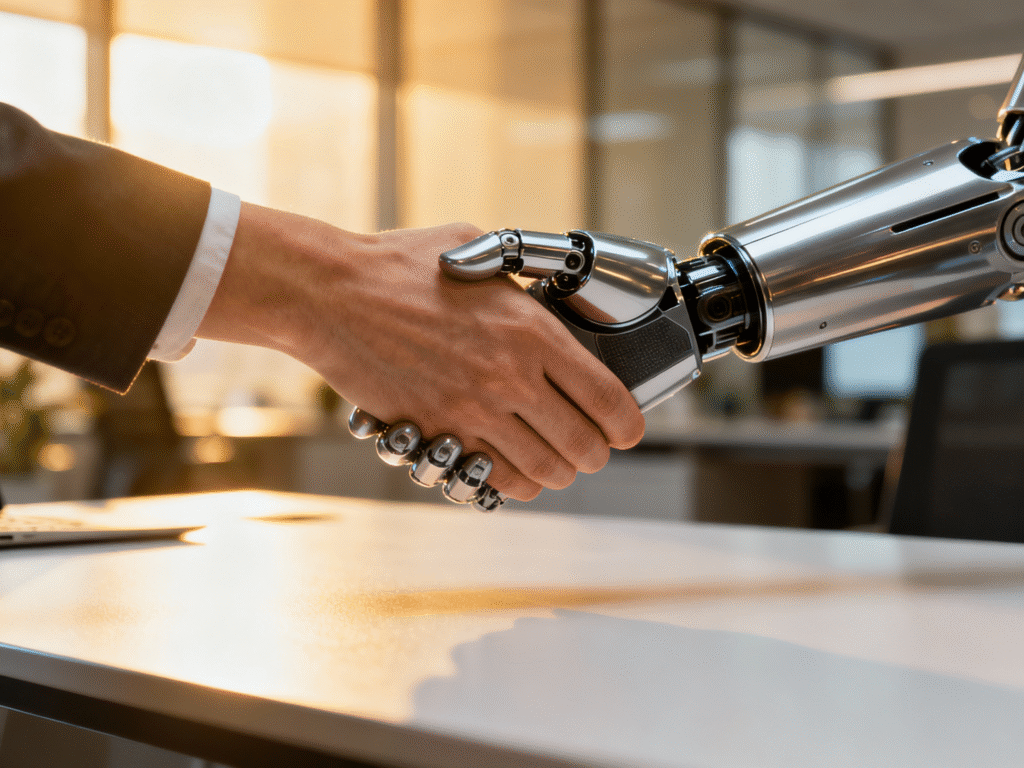 Współpraca człowieka z AI na rynku pracy - ręka w garniturze podaje dłoń robotowi.