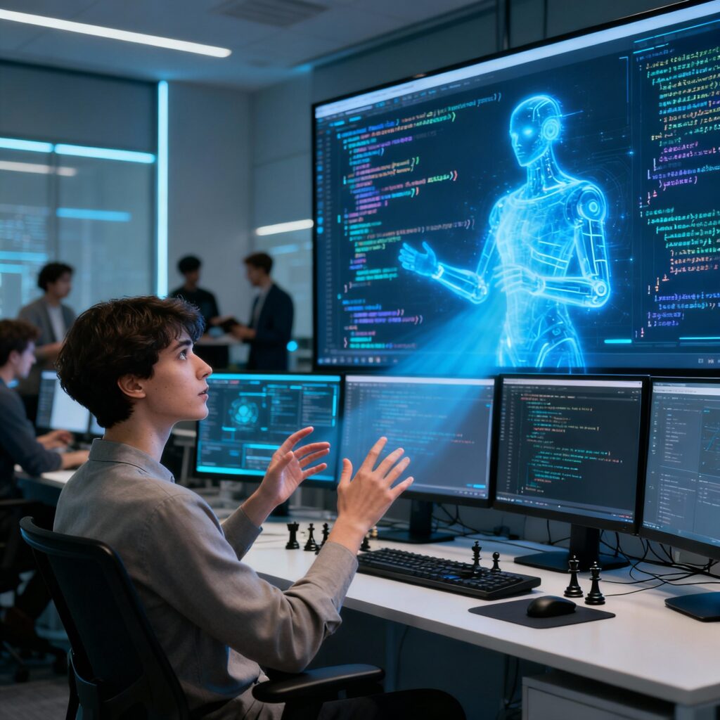 Programista w nowoczesnym biurze strategicznie kierujący generowaniem kodu przez świecącą, holograficzną sztuczną inteligencję na ekranie.